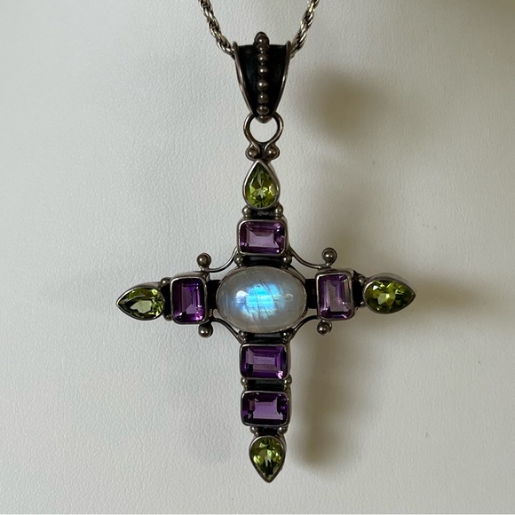 $85 13.59 ctw MOONSTONE AMETHYST PERIDOT Cross Pendant STERLING SILVER 925 - Picture 4 of 11